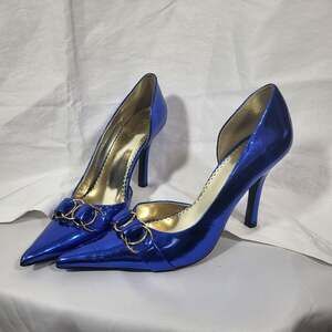 Qupid Blue Metallic D'Orsay Pointed Toe Pumps with Gold Chain Detail, size 10